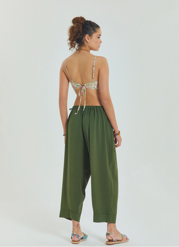 Green Women's Casual Trousers with Adjustable Waist and Rope Detail 4580